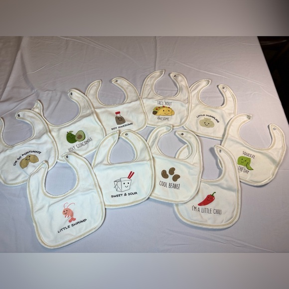 Touched by Nature Organic Baby Bib Bundle Set - White w/ Funny Food Designs -EUC - Picture 1 of 6